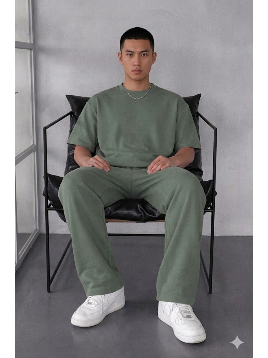 Haki Erkek Oversize T-Shirt Eşofman Takımı Rahat Kesim Basic Kombin-1