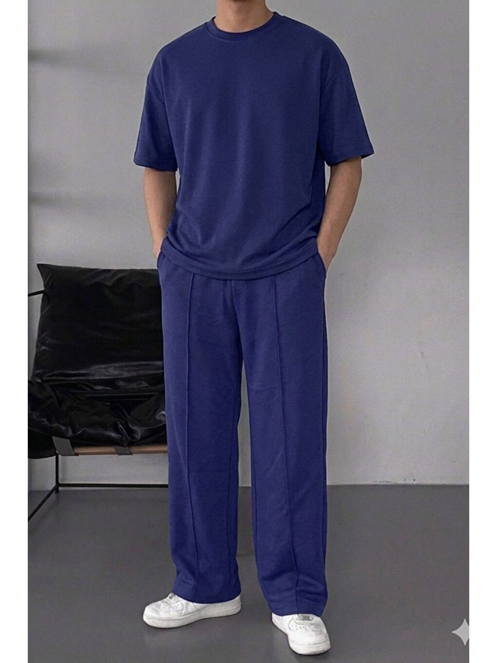 Lacivert Erkek Oversize T-Shirt Eşofman Takımı Rahat Kesim Basic Kombin