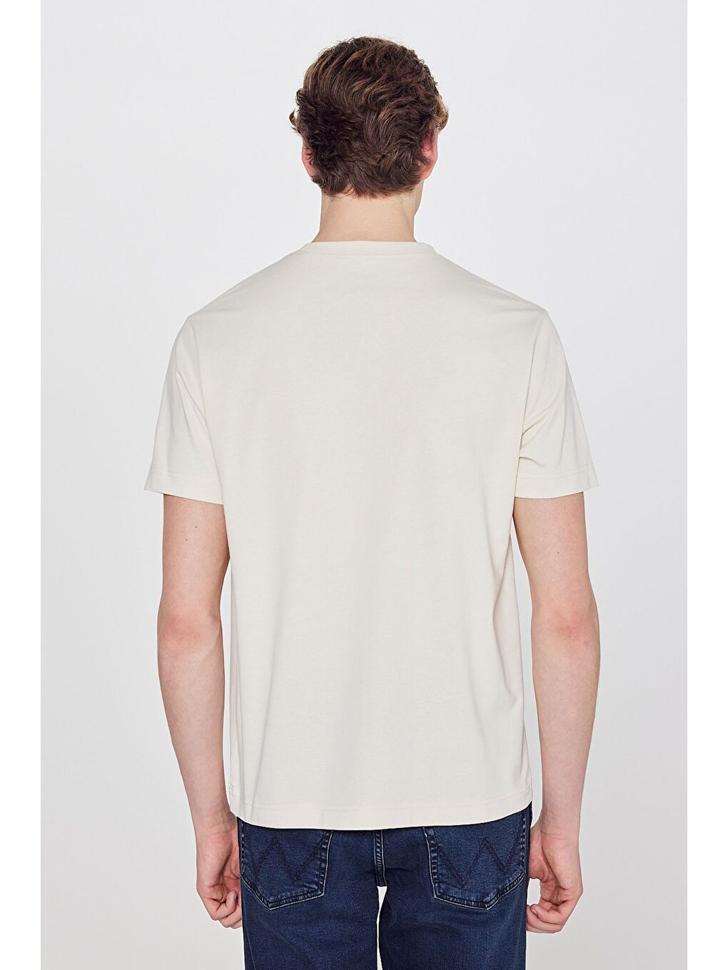 Bej Bisiklet Yaka Basic Tişört-4