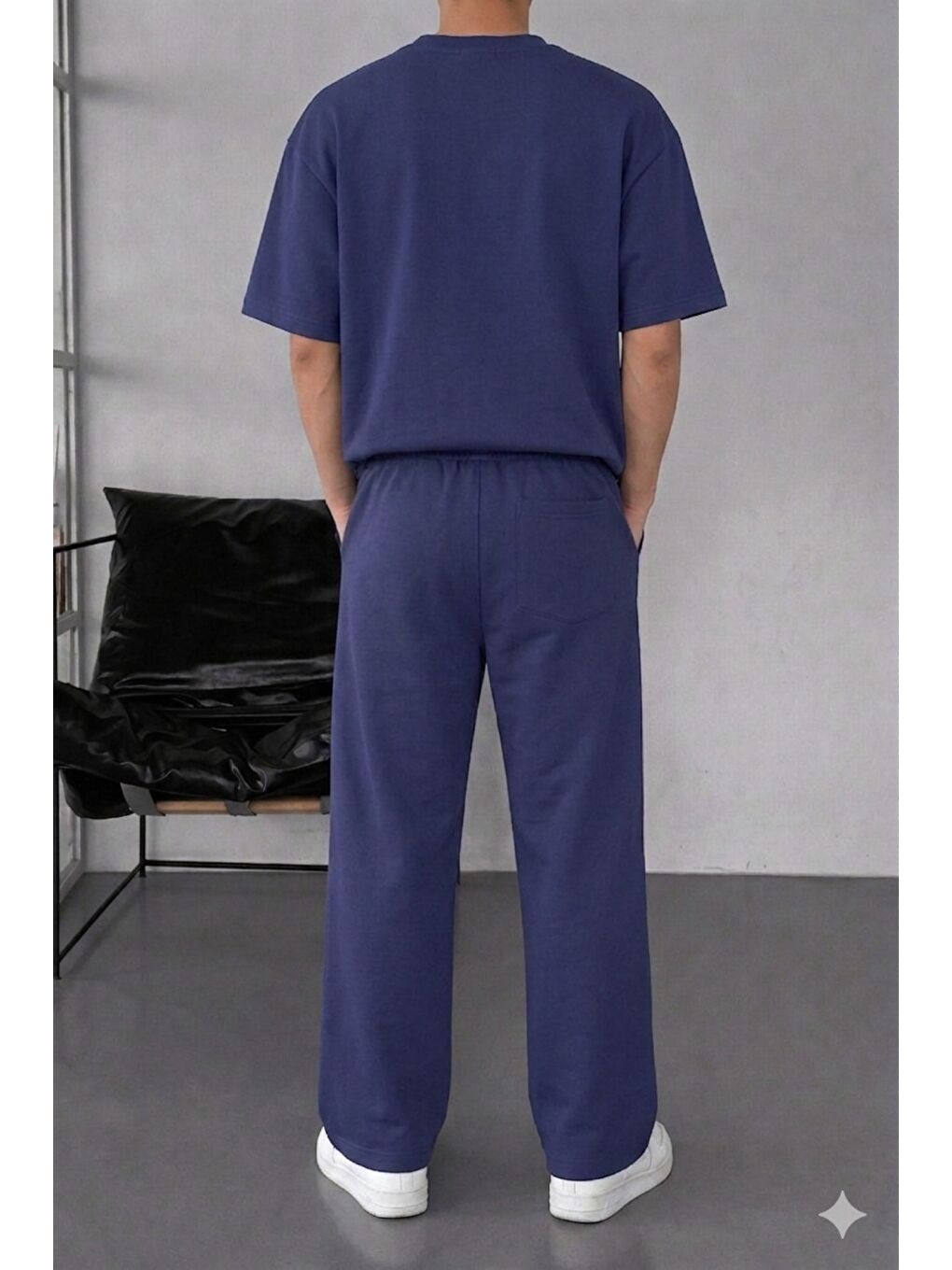 Lacivert Erkek Oversize T-Shirt Eşofman Takımı Rahat Kesim Basic Kombin-2