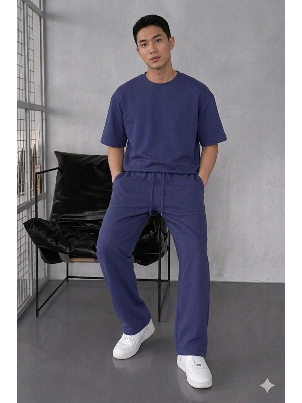 Lacivert Erkek Oversize T-Shirt Eşofman Takımı Rahat Kesim Basic Kombin-1