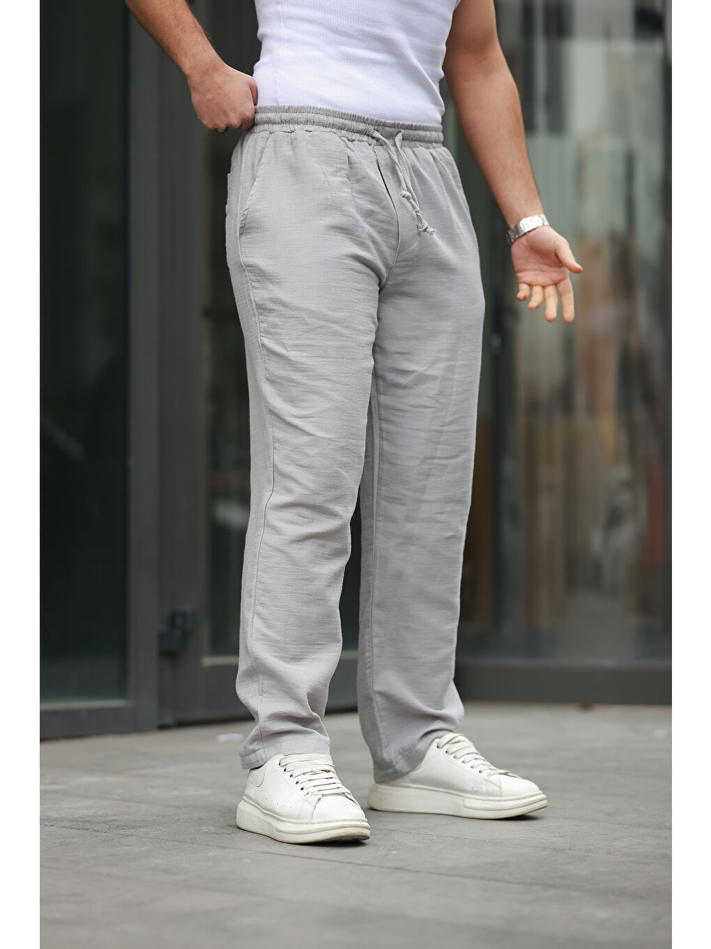 Gri Keten Bağcıklı Jogger Pantolon
