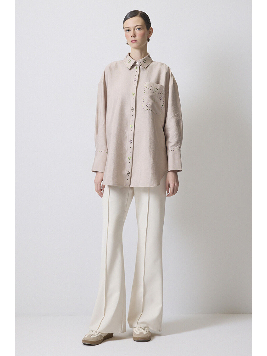 Bej Kristal Taşlı Gömlek-2