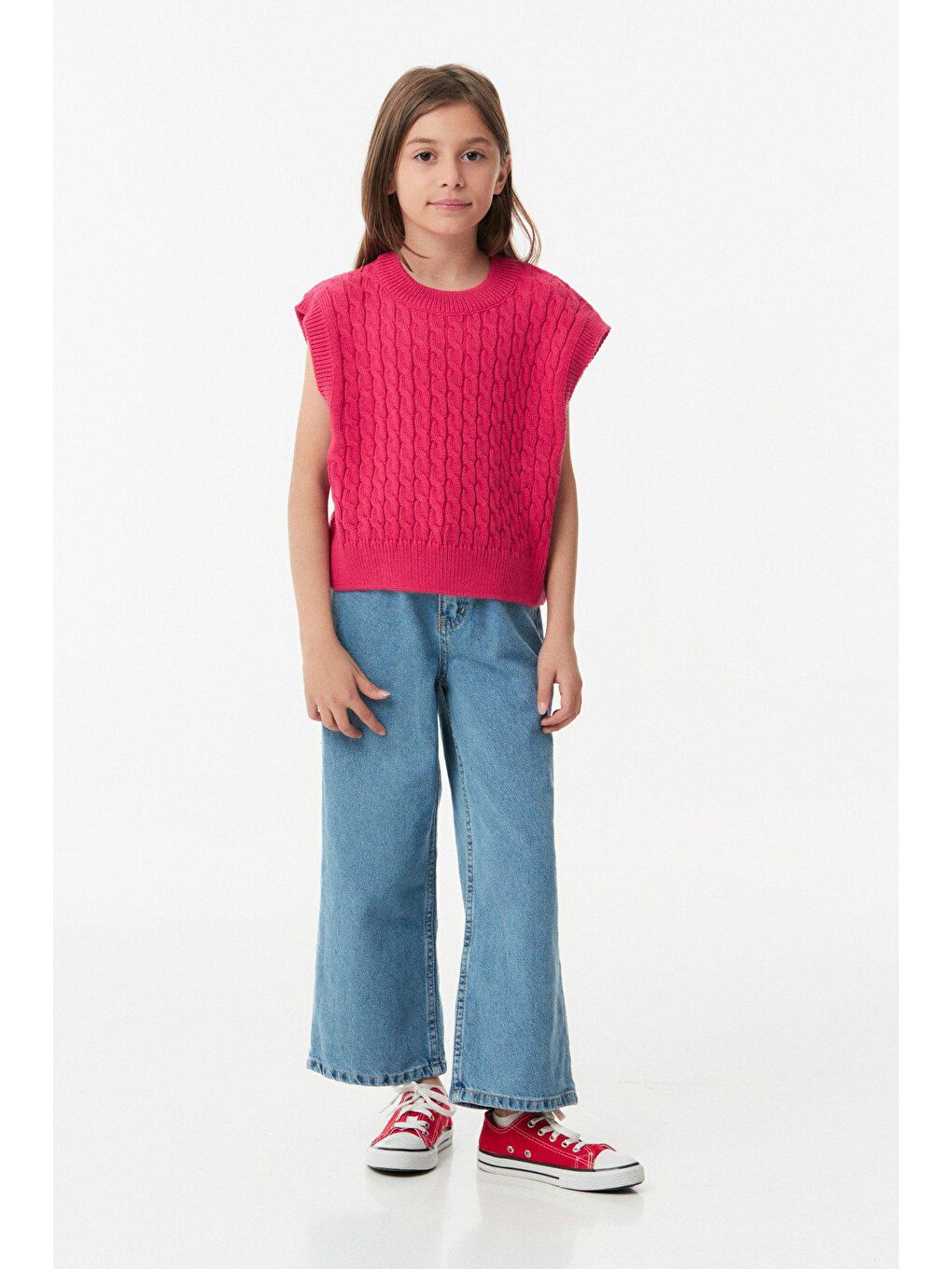 Fuşya Saç Örgülü Bisiklet Yaka Kız Çocuk Süveter