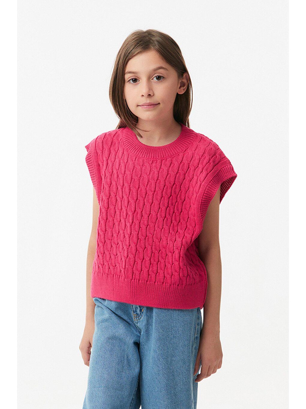 Fuşya Saç Örgülü Bisiklet Yaka Kız Çocuk Süveter-1