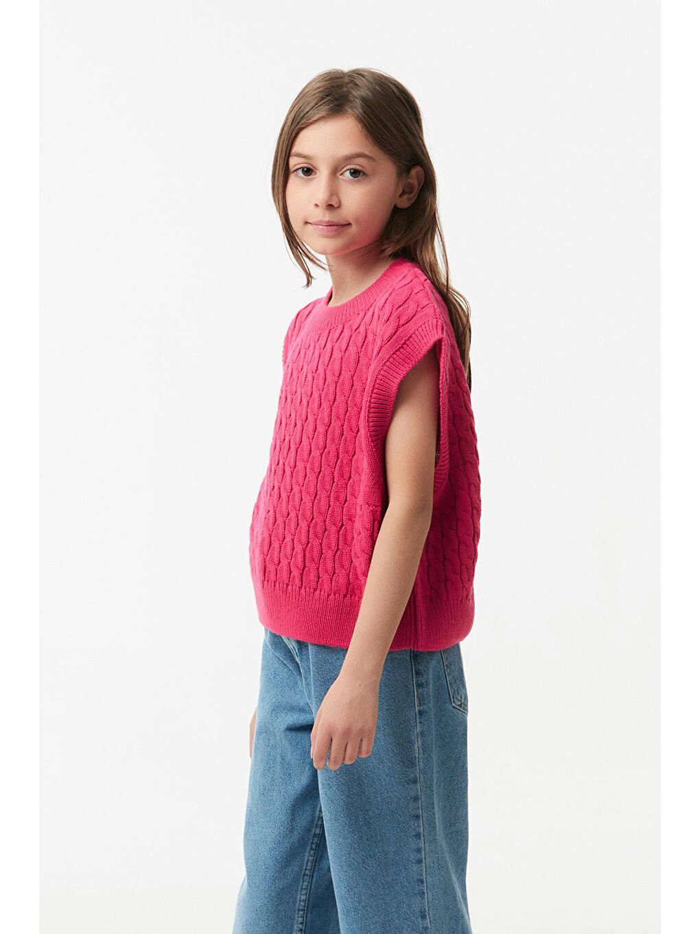 Fuşya Saç Örgülü Bisiklet Yaka Kız Çocuk Süveter-2