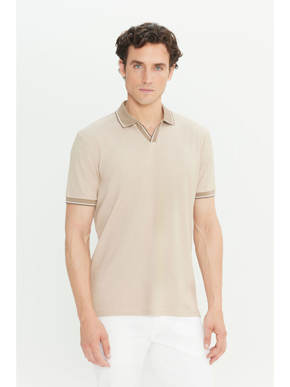 Erkek Bej Pamuklu Slim Fit Dar Kesim Polo Yaka Tişört