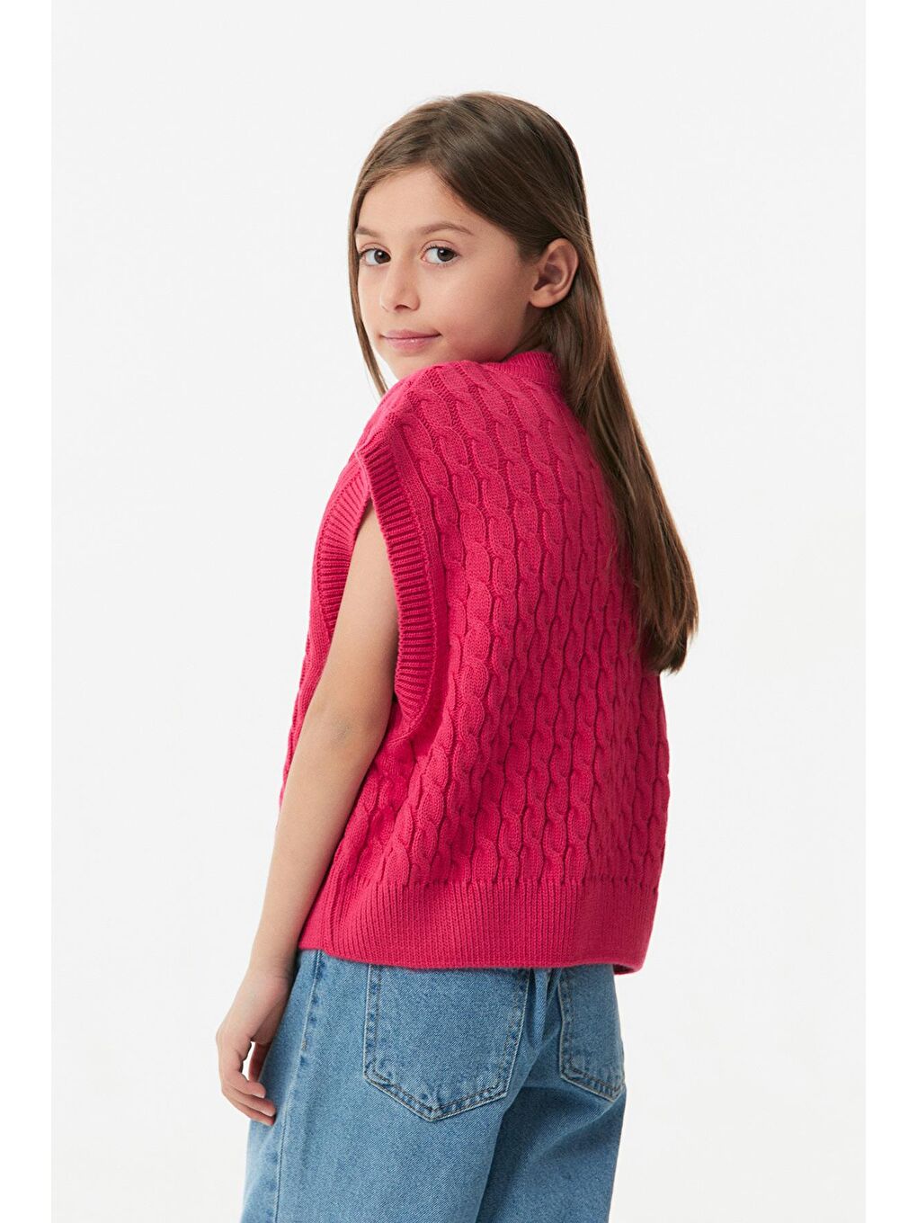 Fuşya Saç Örgülü Bisiklet Yaka Kız Çocuk Süveter-3