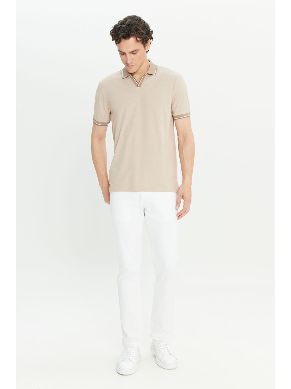 Erkek Bej Pamuklu Slim Fit Dar Kesim Polo Yaka Tişört-1