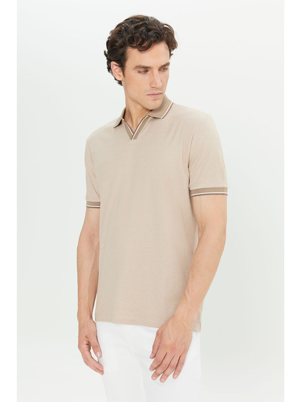 Erkek Bej Pamuklu Slim Fit Dar Kesim Polo Yaka Tişört-2