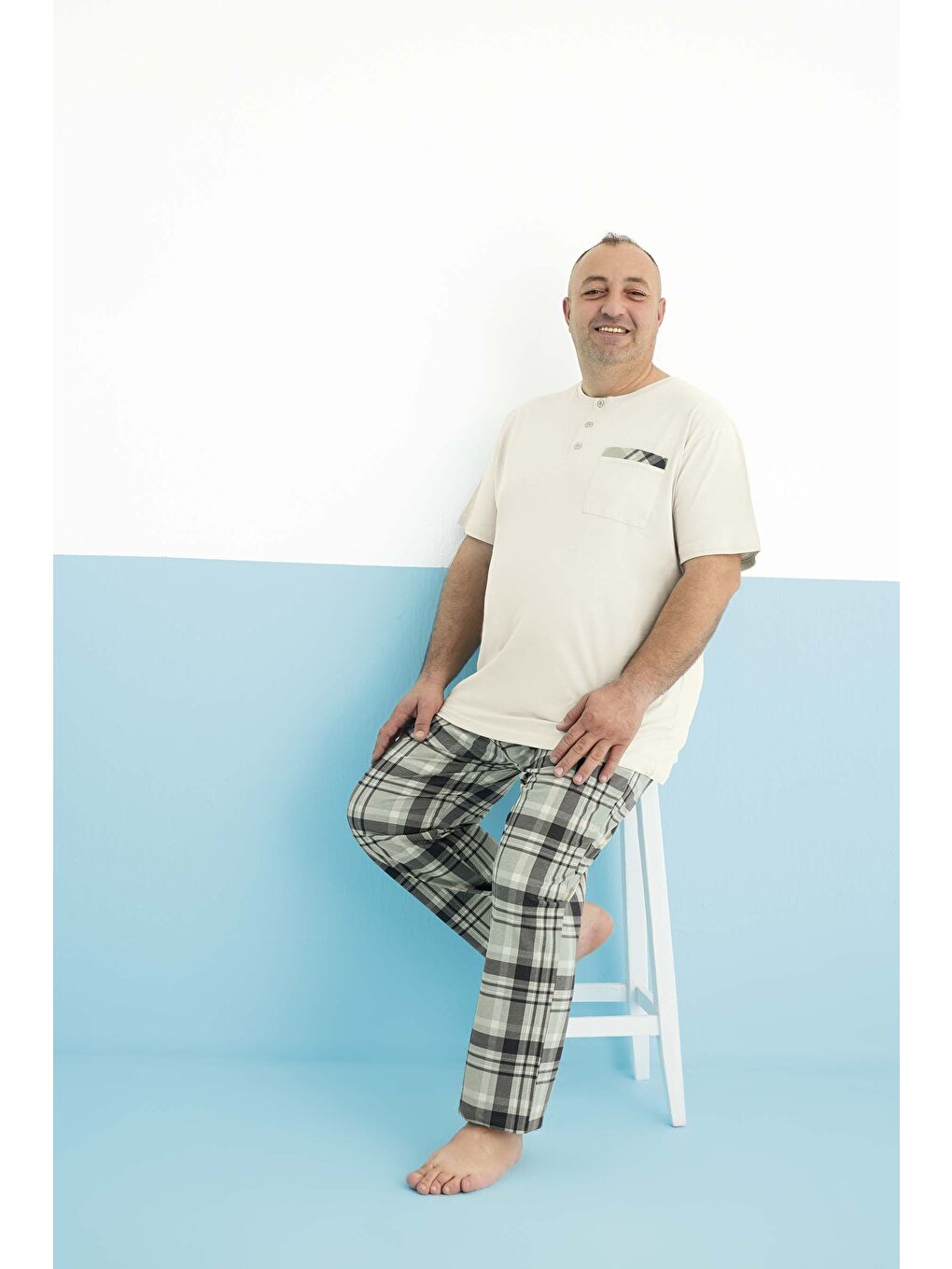 Bej Erkek Kısa Kol Battal Boy %100 Pamuk Pijama Takım-1