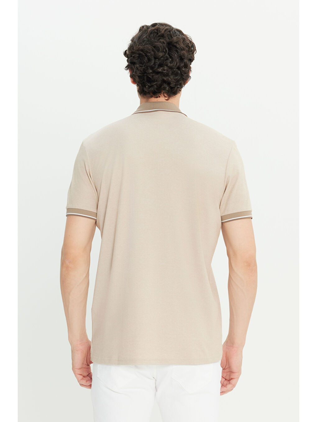 Erkek Bej Pamuklu Slim Fit Dar Kesim Polo Yaka Tişört-4
