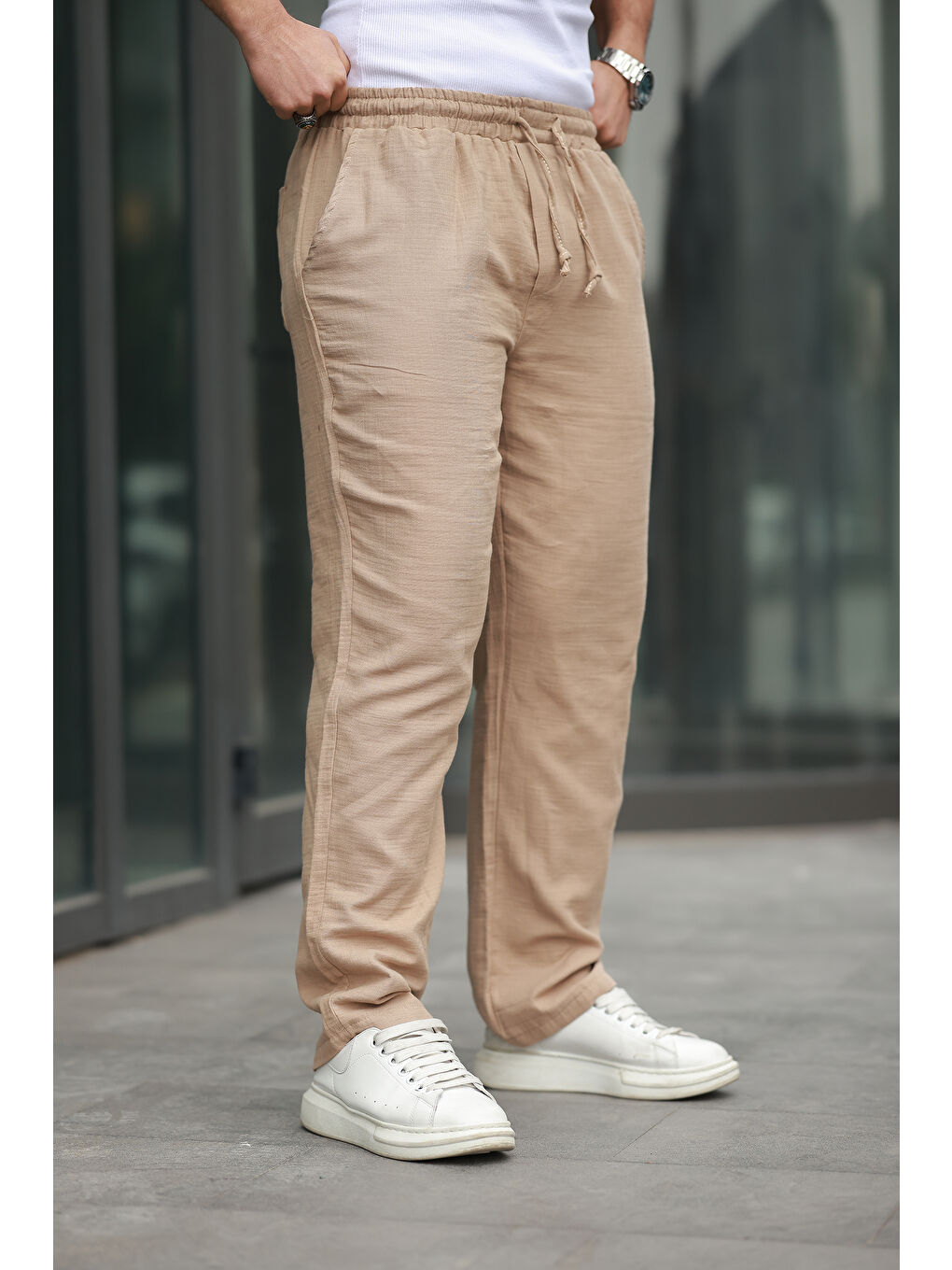 Bej Keten Bağcıklı Jogger Pantolon