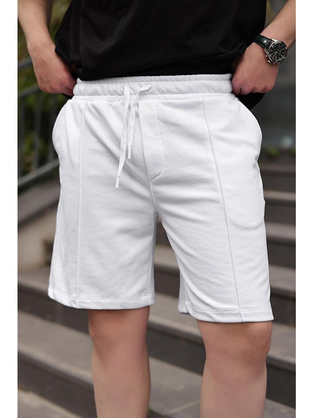 Beyaz Beli Ayarlanabilir Regular Fit Erkek Şort E6585-1