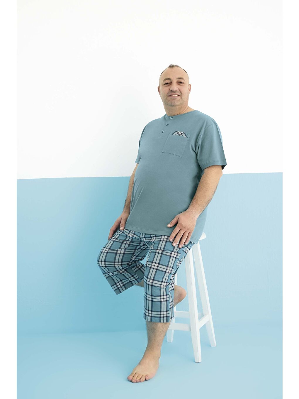 Petrol Erkek Penye Battal Boy Kısa Kol Kaprili Pijama Takım