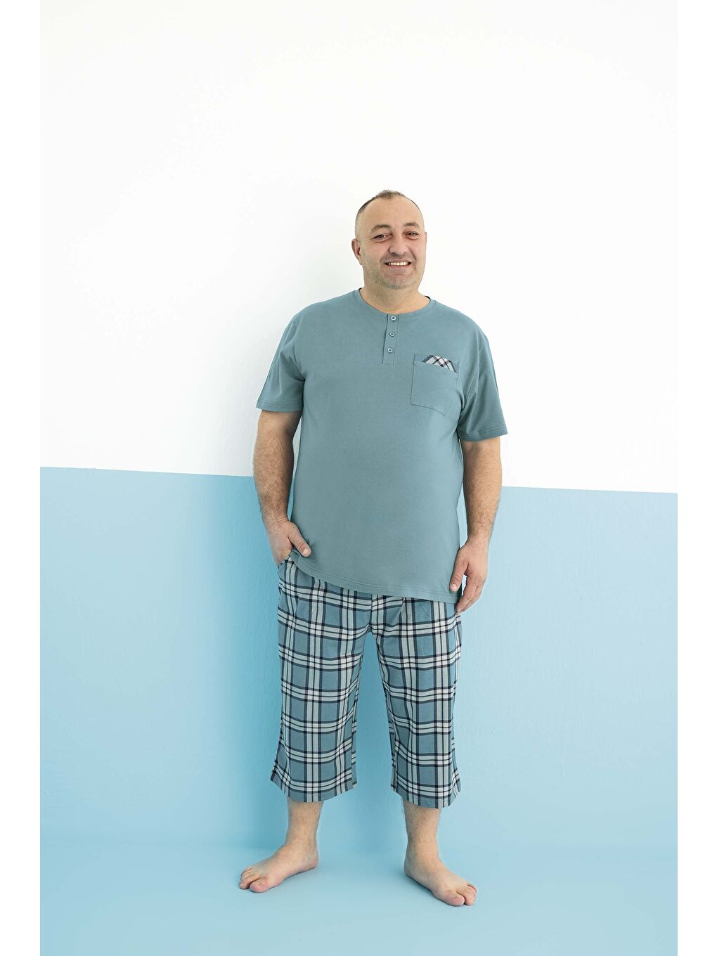 Petrol Erkek Penye Battal Boy Kısa Kol Kaprili Pijama Takım-1