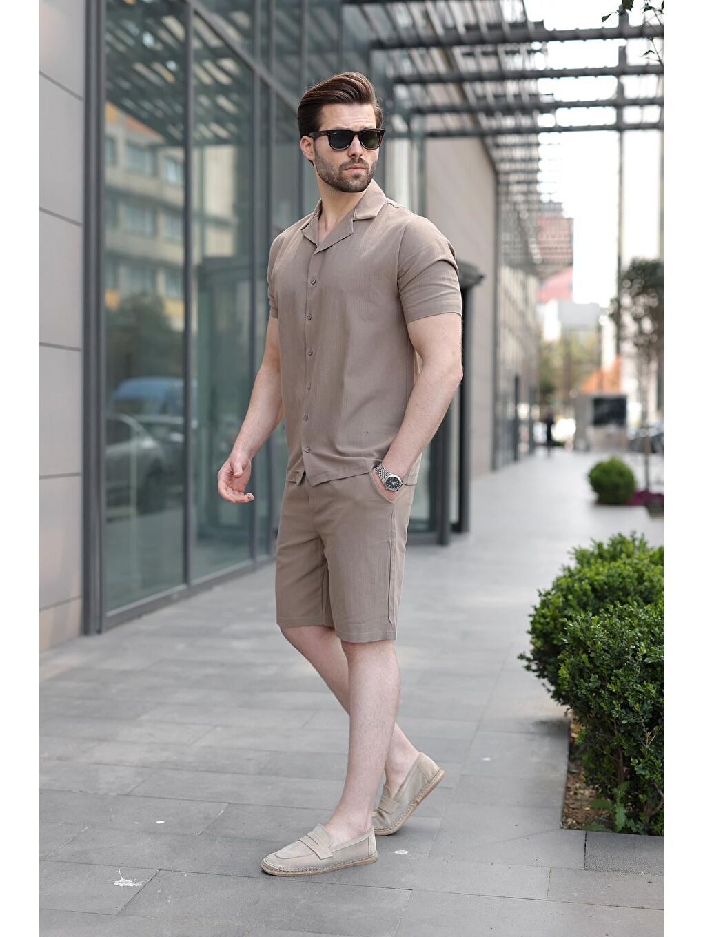 Bej Vizon Erkek Gömlek Şort Takımı 5956