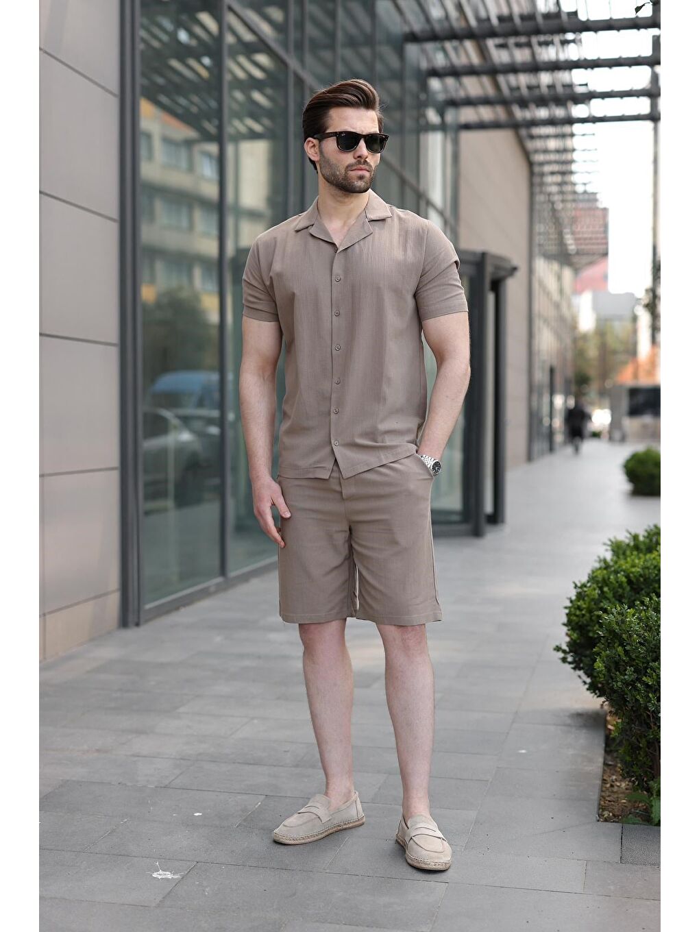 Bej Vizon Erkek Gömlek Şort Takımı 5956-1