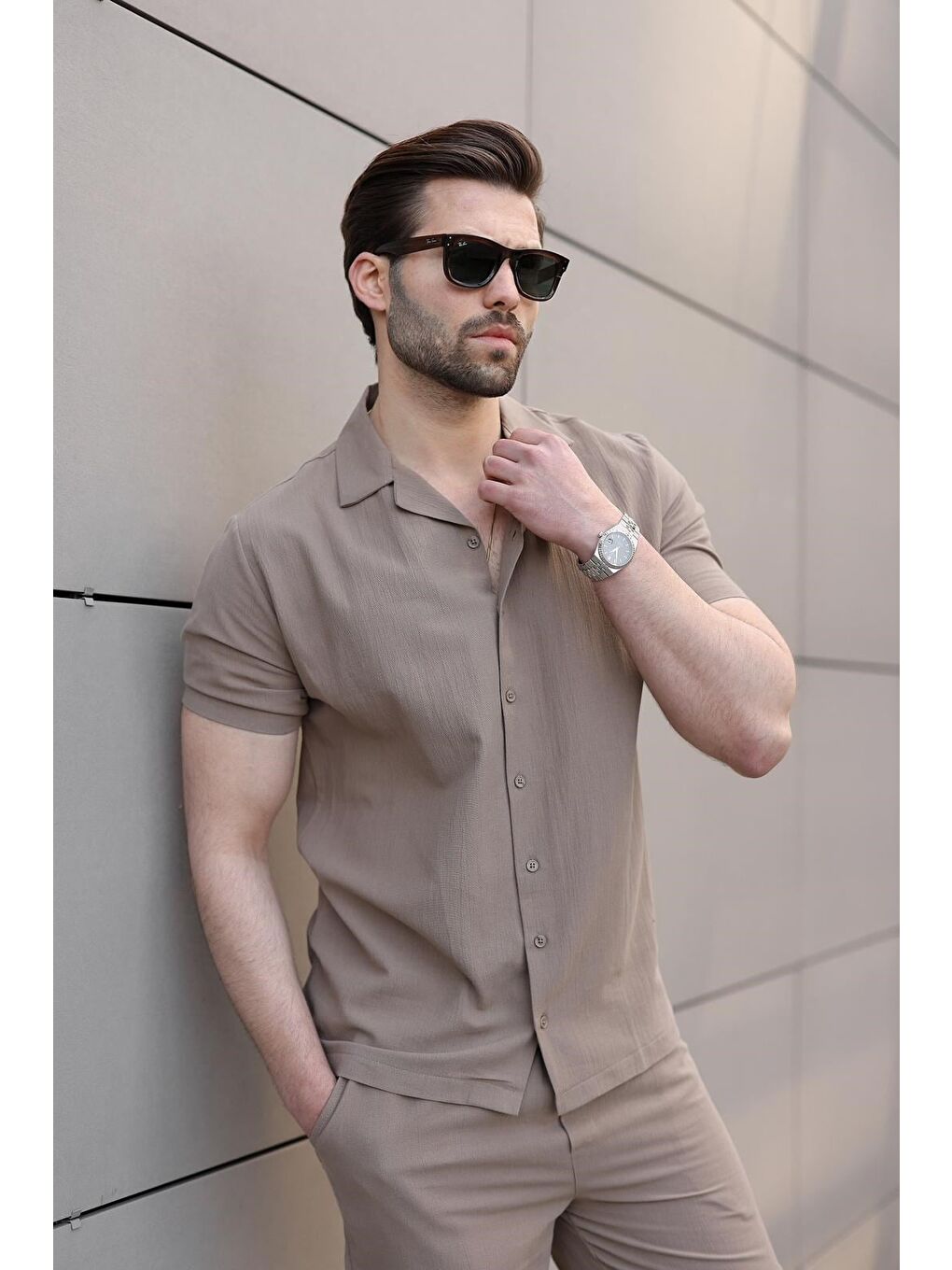 Bej Vizon Erkek Gömlek Şort Takımı 5956-4