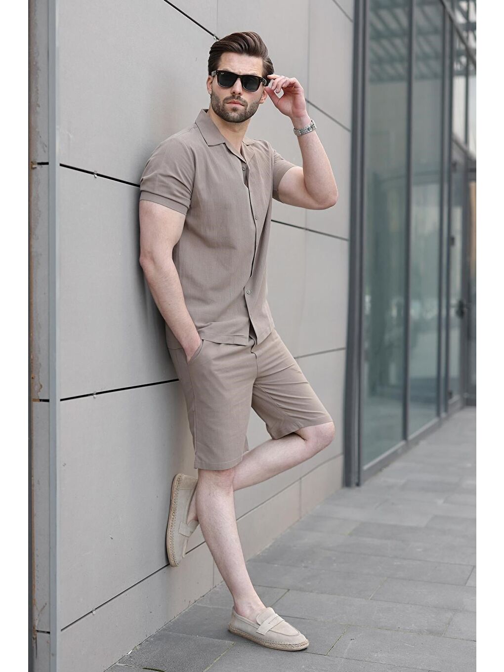 Bej Vizon Erkek Gömlek Şort Takımı 5956-5