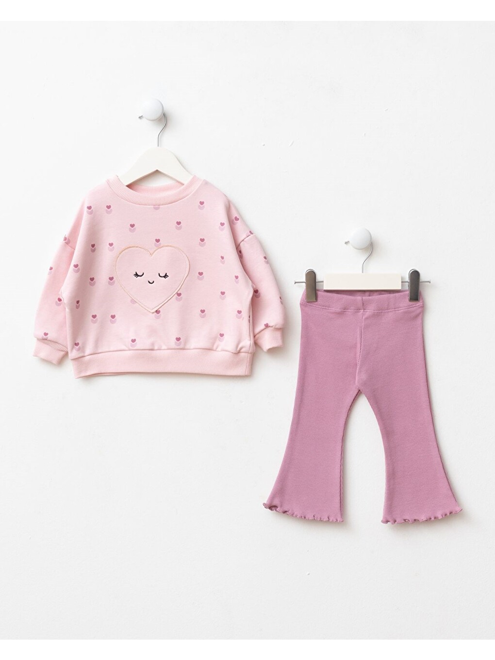 Karışık Kız Çocuk Kalp Detaylı Pembe Sweatshirt Ve İspanyol Paça Tayt Takımı-2