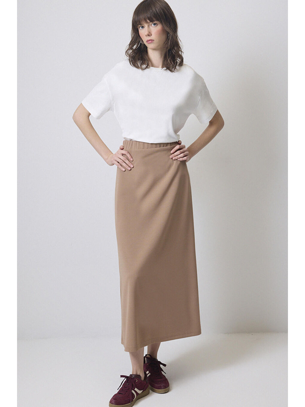 Kahverengi Basic Örme Krep Etek-2