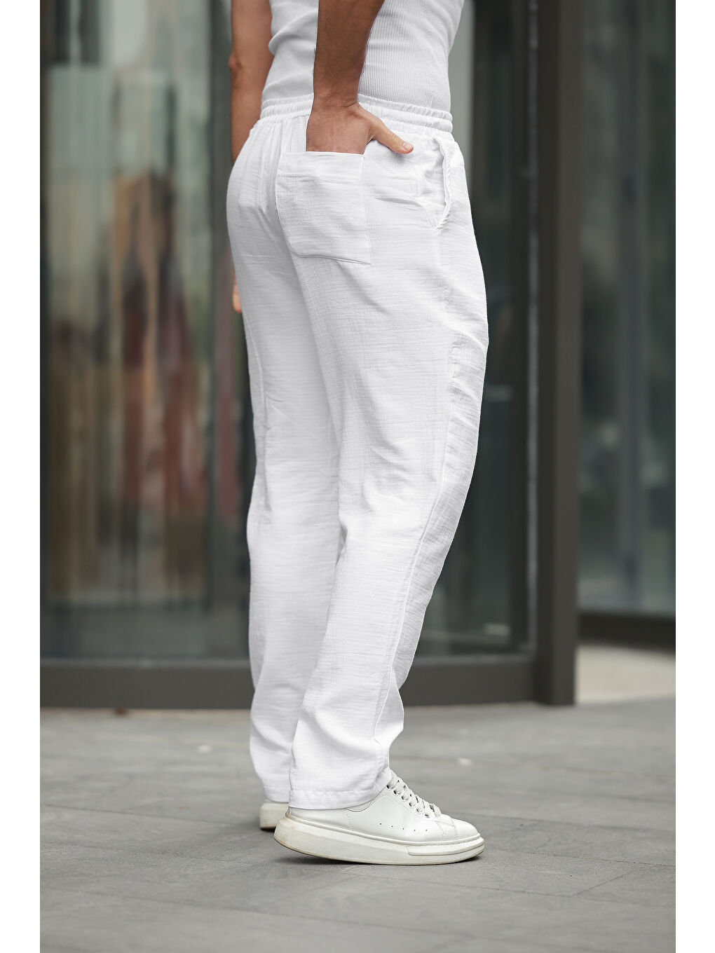 Beyaz Keten Bağcıklı Jogger Pantolon-2