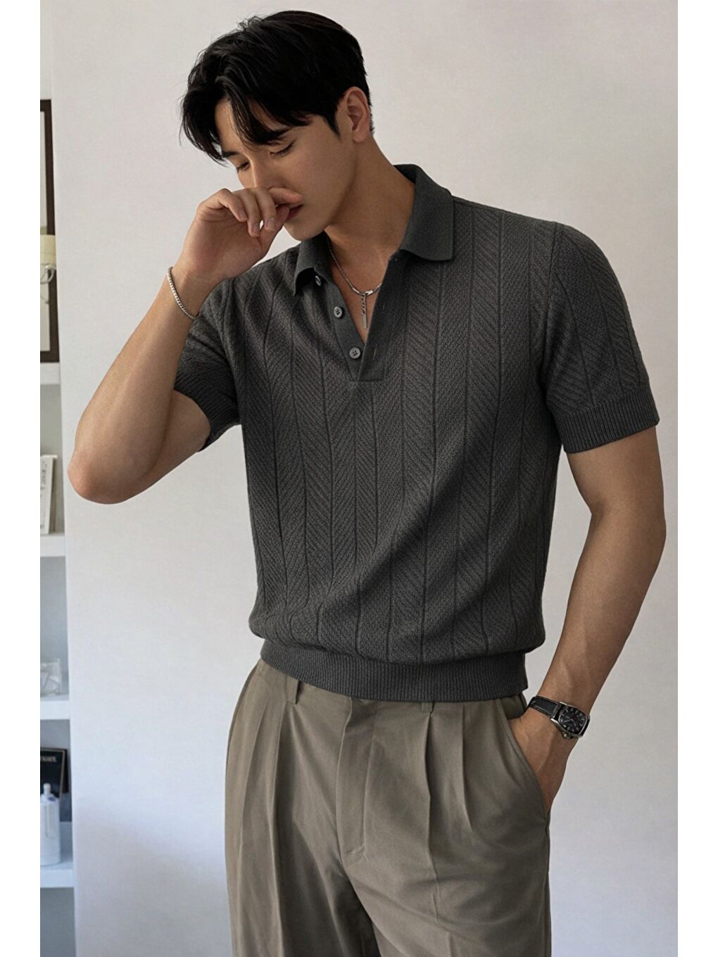 Siyah Erkek Triko Polo Yaka Tişört Slim İnce Dokulu Basic Triko T-Shirt