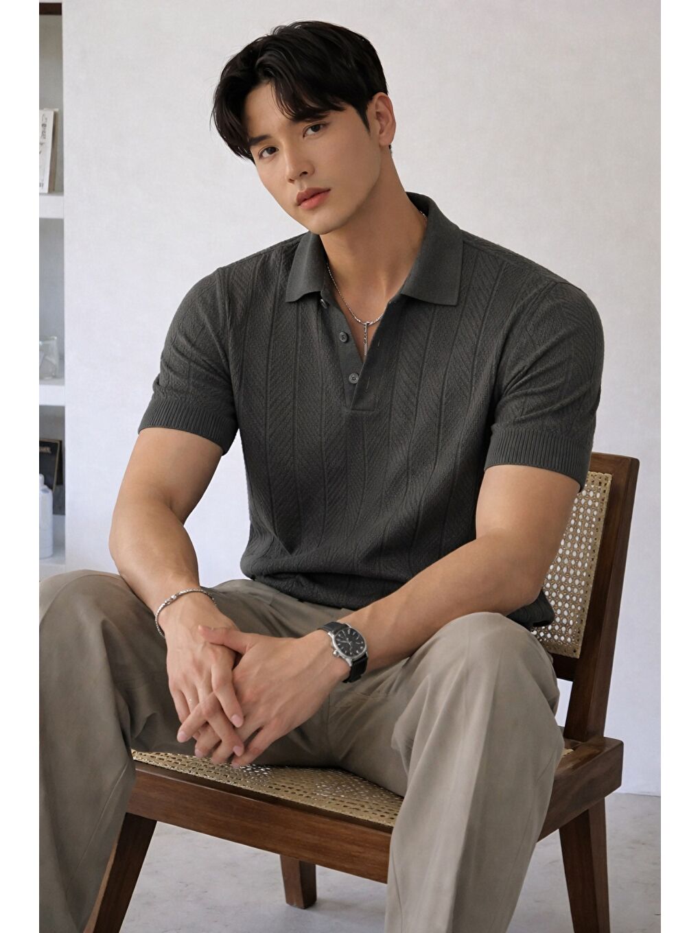 Siyah Erkek Triko Polo Yaka Tişört Slim İnce Dokulu Basic Triko T-Shirt-1