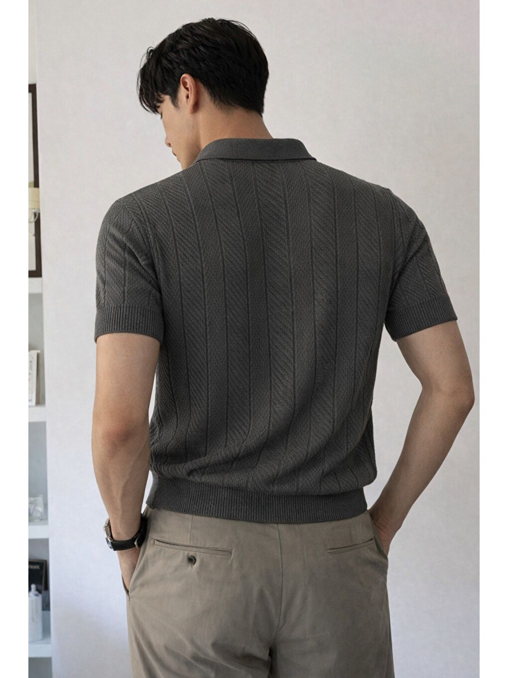 Siyah Erkek Triko Polo Yaka Tişört Slim İnce Dokulu Basic Triko T-Shirt-2