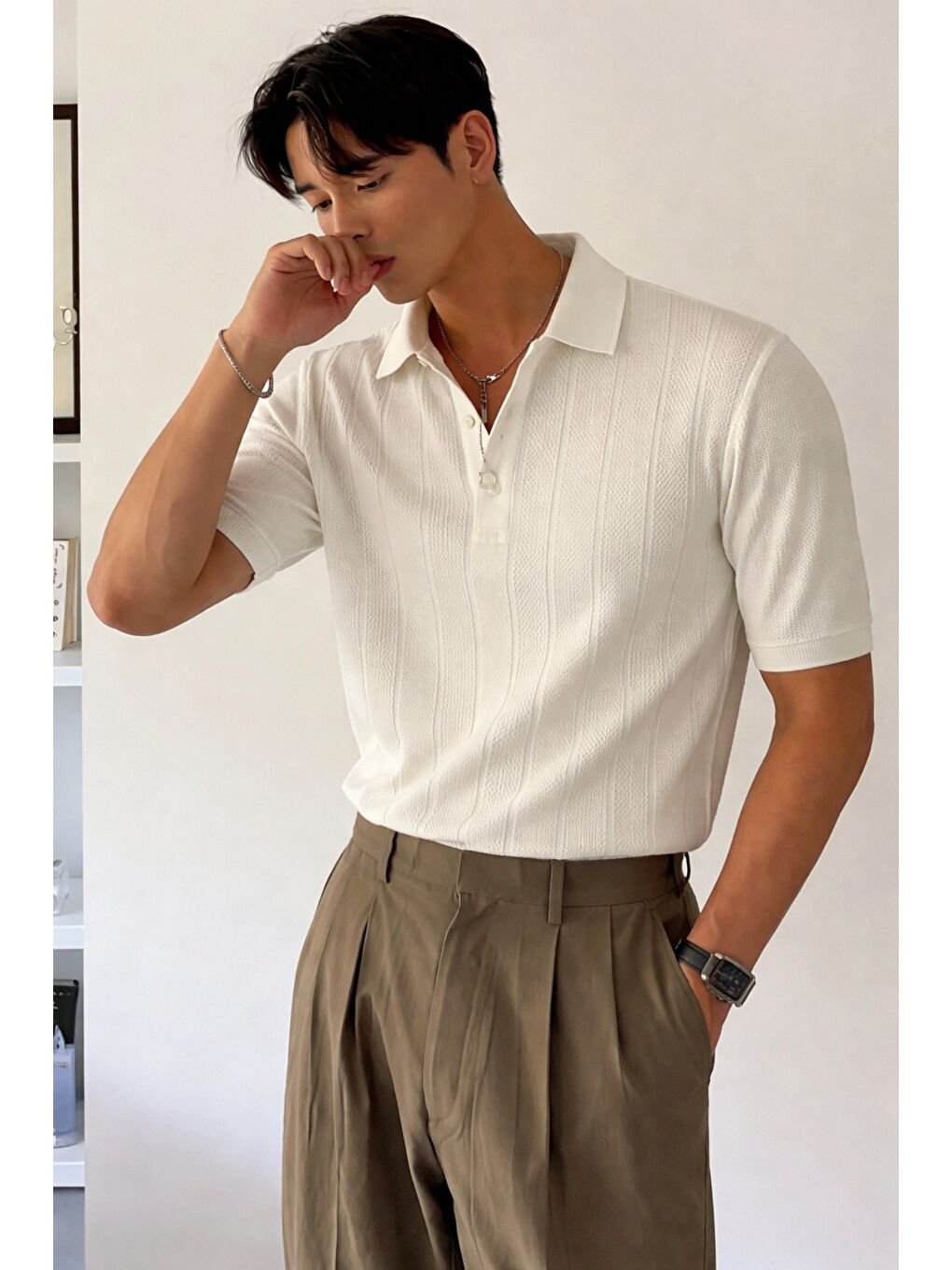 Beyaz Erkek Triko Polo Yaka Tişört Slim İnce Dokulu Basic Triko T-Shirt