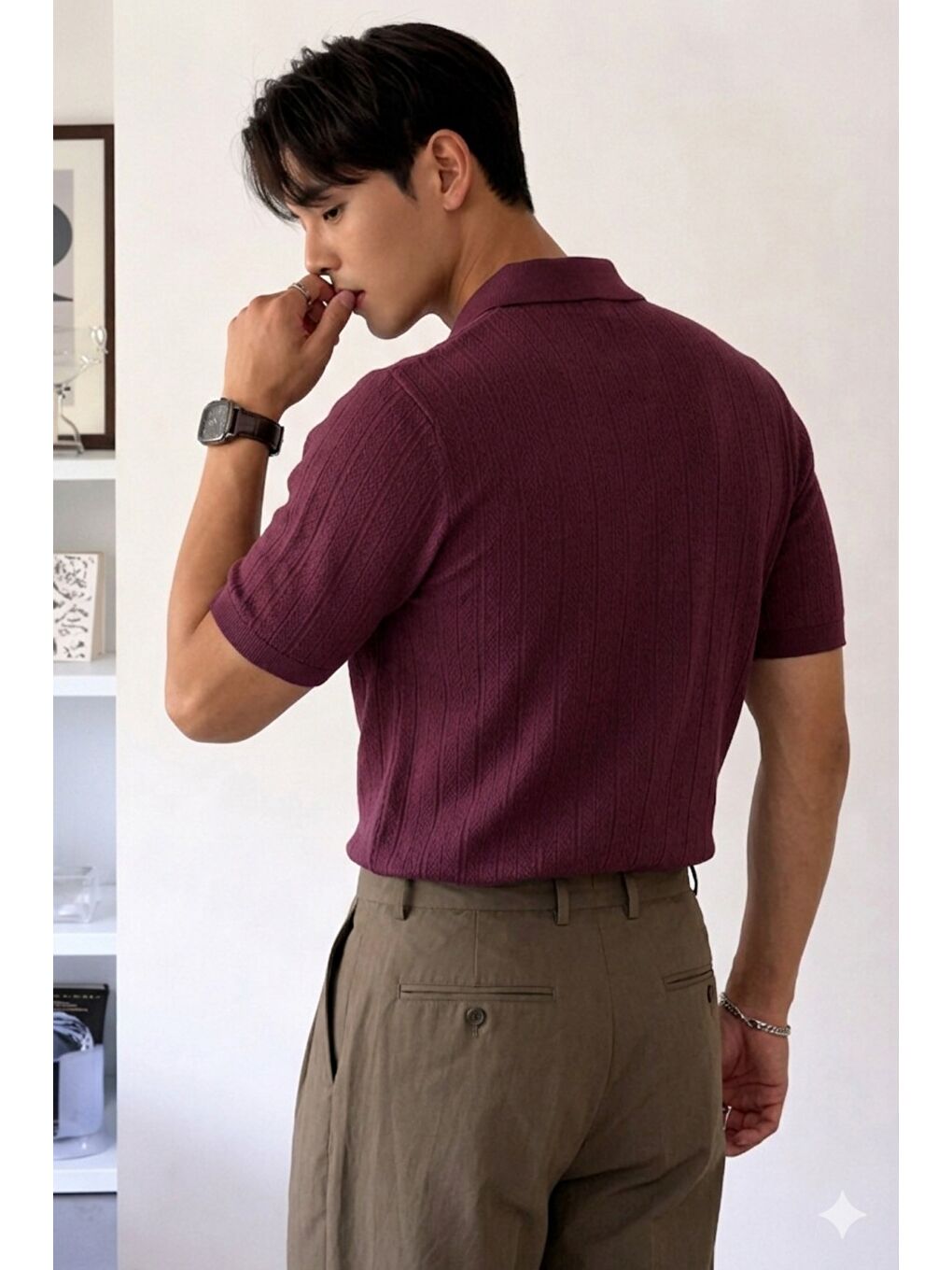 Bordo Erkek Triko Polo Yaka Tişört Slim İnce Dokulu Basic Triko T-Shirt-2
