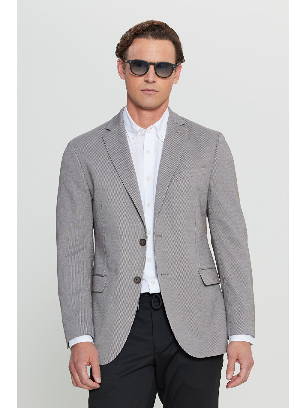 Bej Erkek Vizon 360 Her Yöne Esneyen Slim Fit Dar Kesim Çizgili Kapak Cepli Blazer Ceket