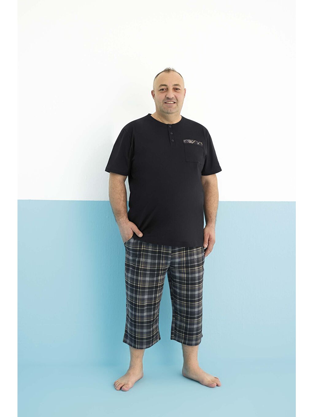 Siyah Erkek Penye Battal Boy Kısa Kol Kaprili Pijama Takım