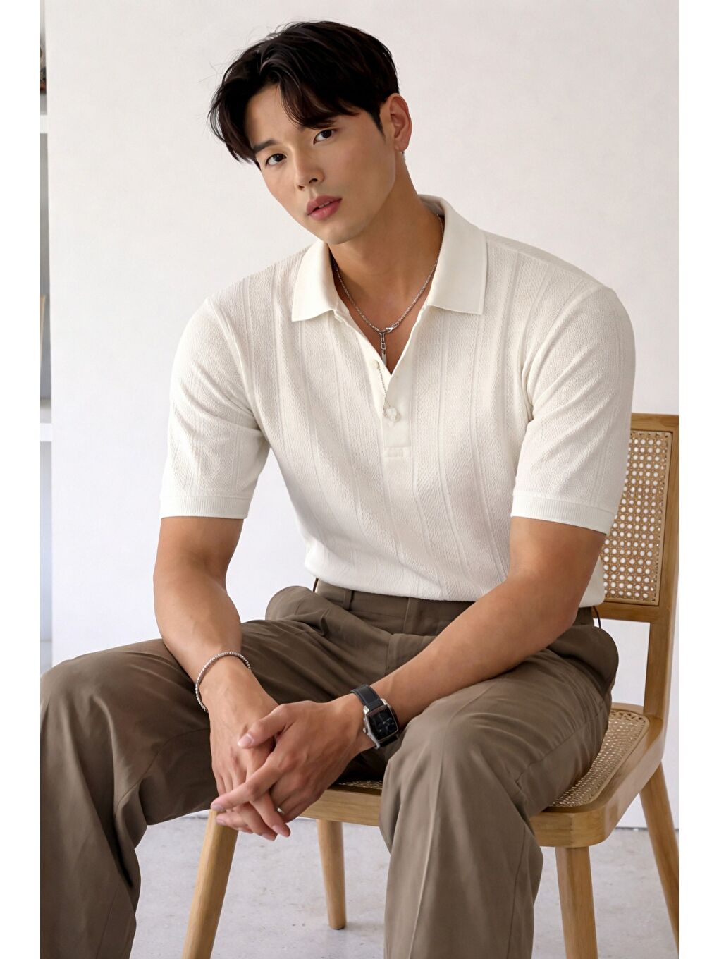 Beyaz Erkek Triko Polo Yaka Tişört Slim İnce Dokulu Basic Triko T-Shirt-1