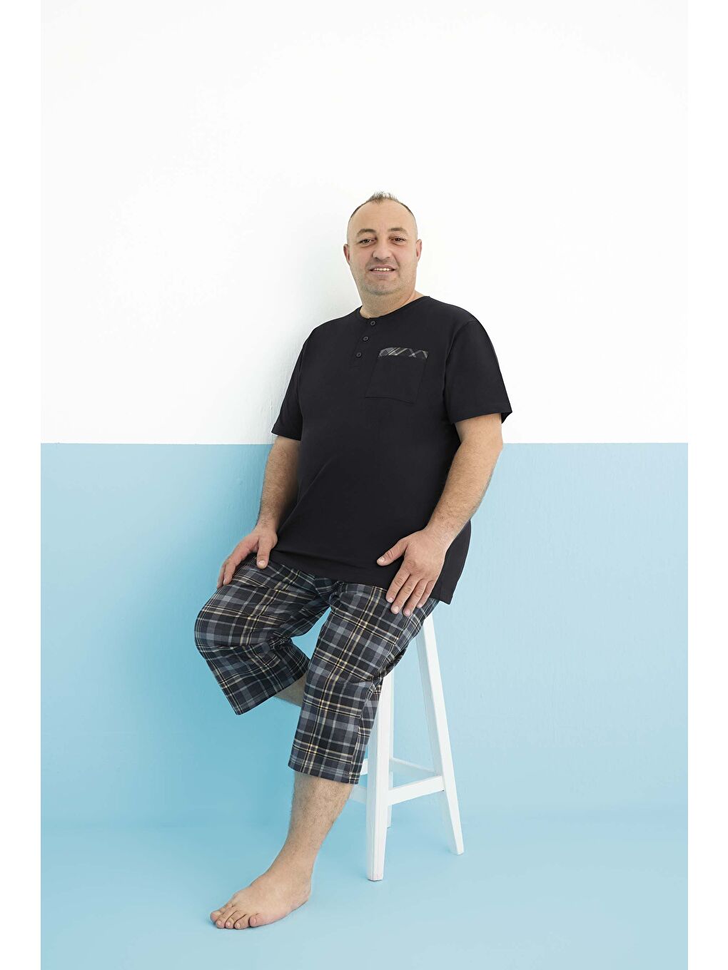 Siyah Erkek Penye Battal Boy Kısa Kol Kaprili Pijama Takım-1