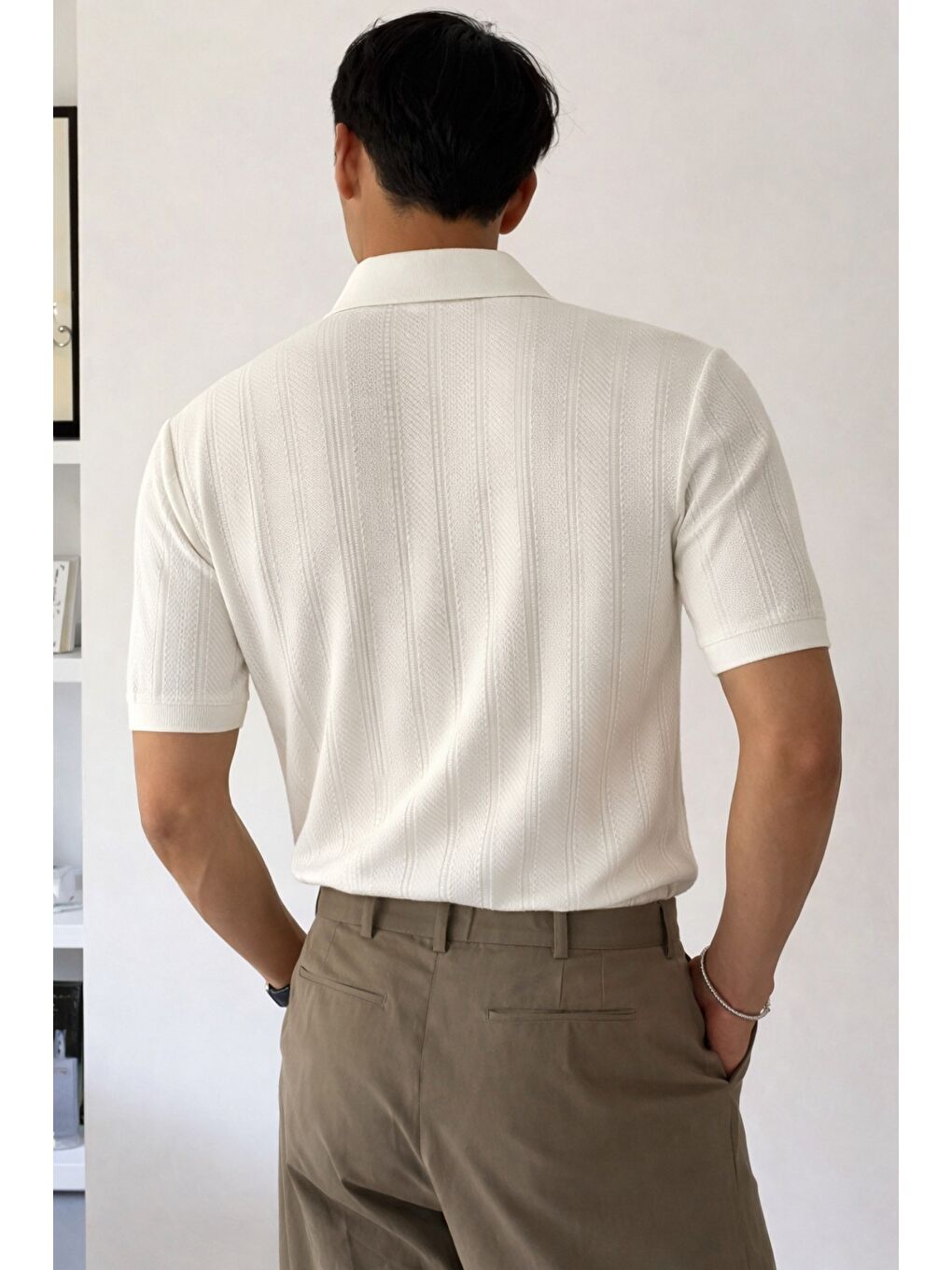 Beyaz Erkek Triko Polo Yaka Tişört Slim İnce Dokulu Basic Triko T-Shirt-2