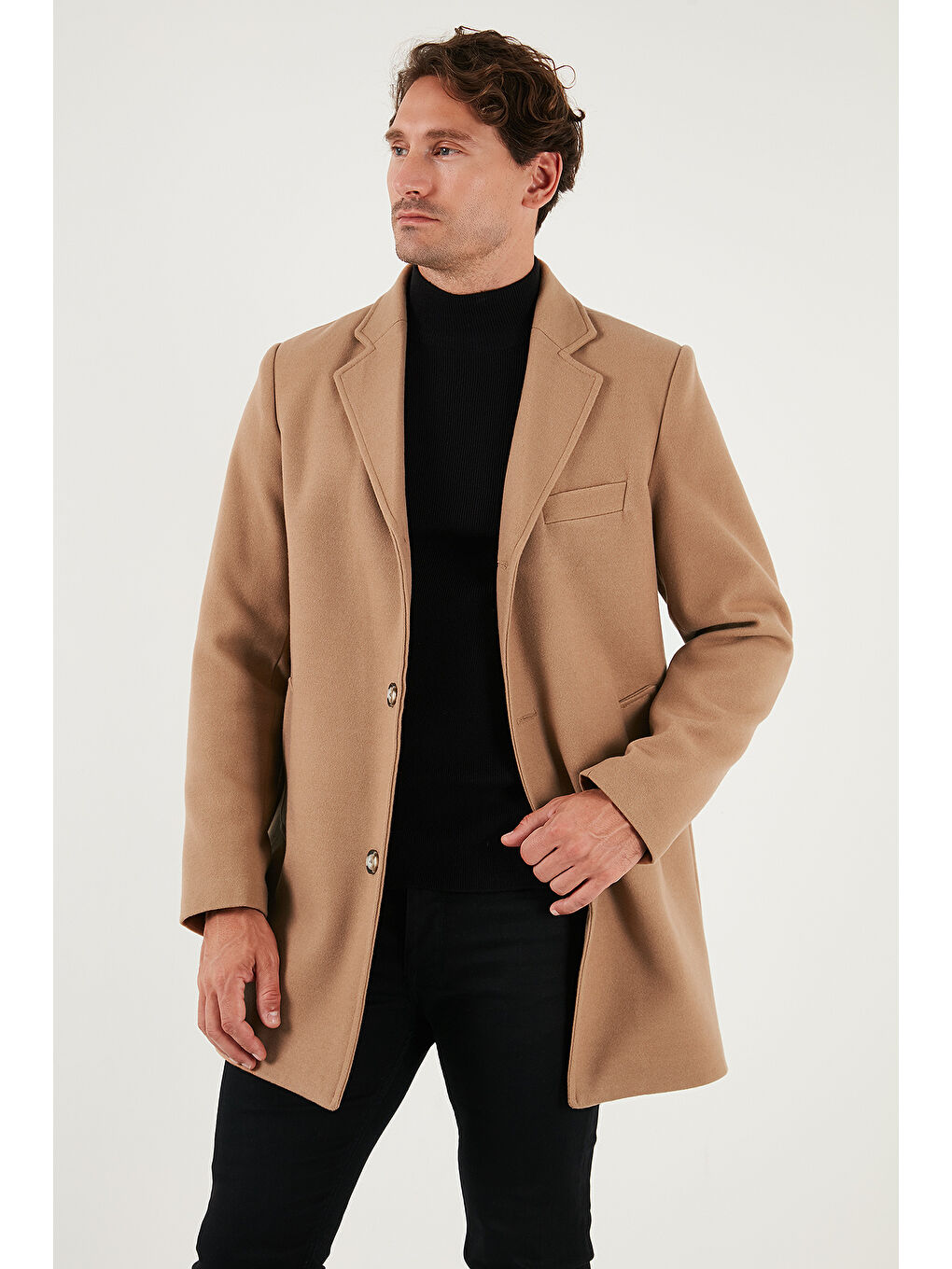 Kahverengi Slim Fit Tek Yırtmaçlı Düğmeli Mono Yaka Kaşe Erkek Kaban 5840098