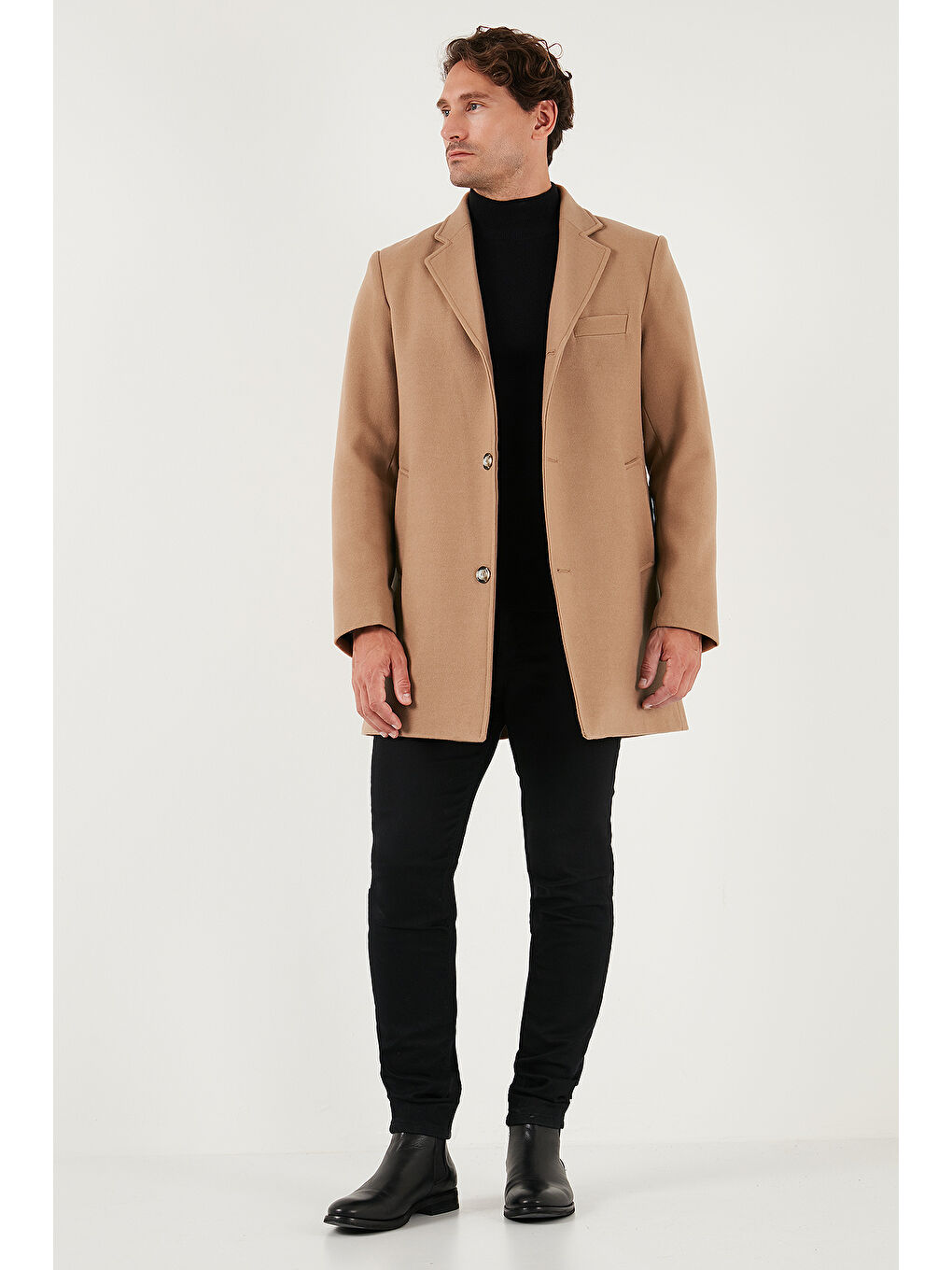 Kahverengi Slim Fit Tek Yırtmaçlı Düğmeli Mono Yaka Kaşe Erkek Kaban 5840098-1