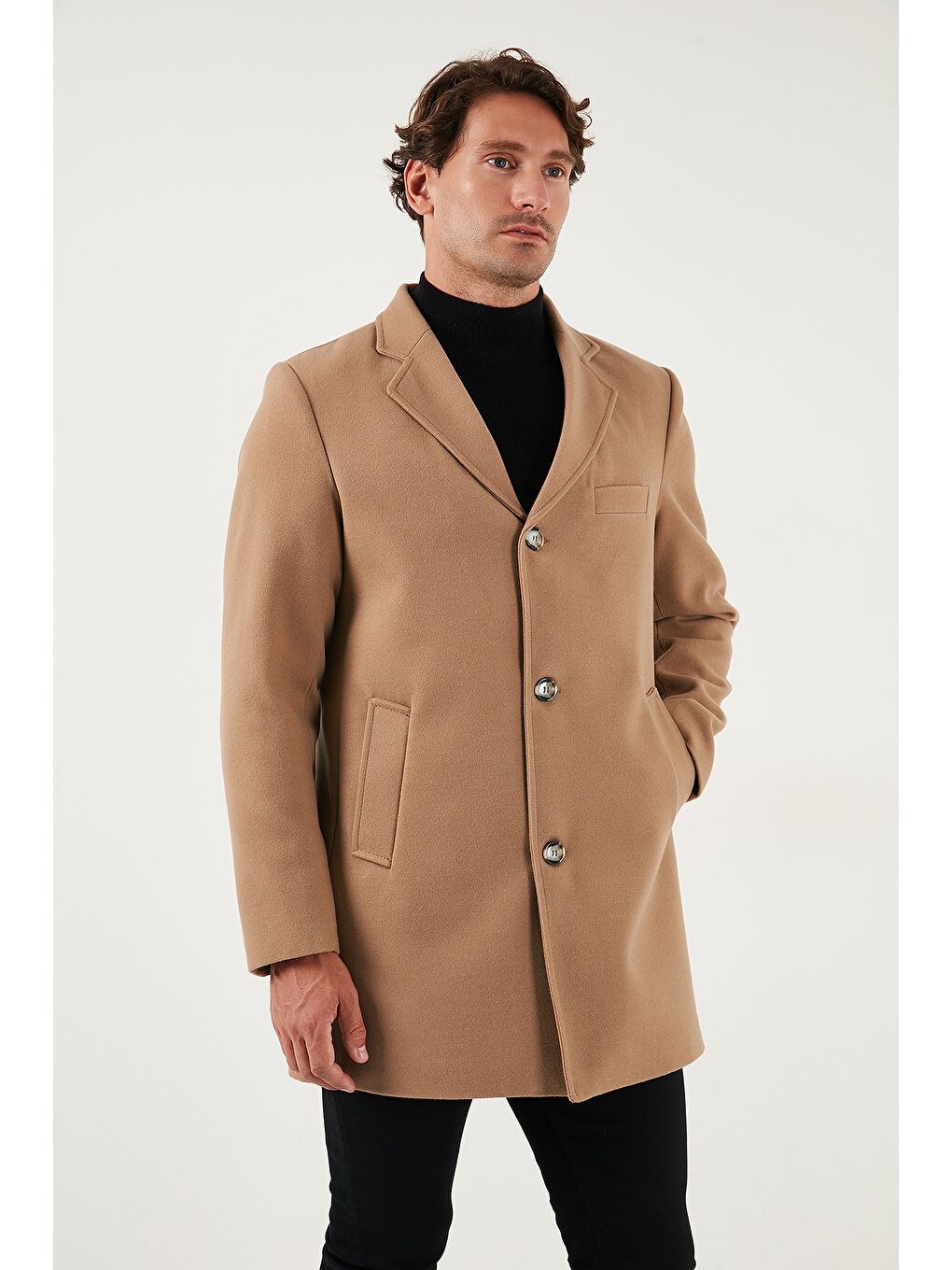 Kahverengi Slim Fit Tek Yırtmaçlı Düğmeli Mono Yaka Kaşe Erkek Kaban 5840098-2