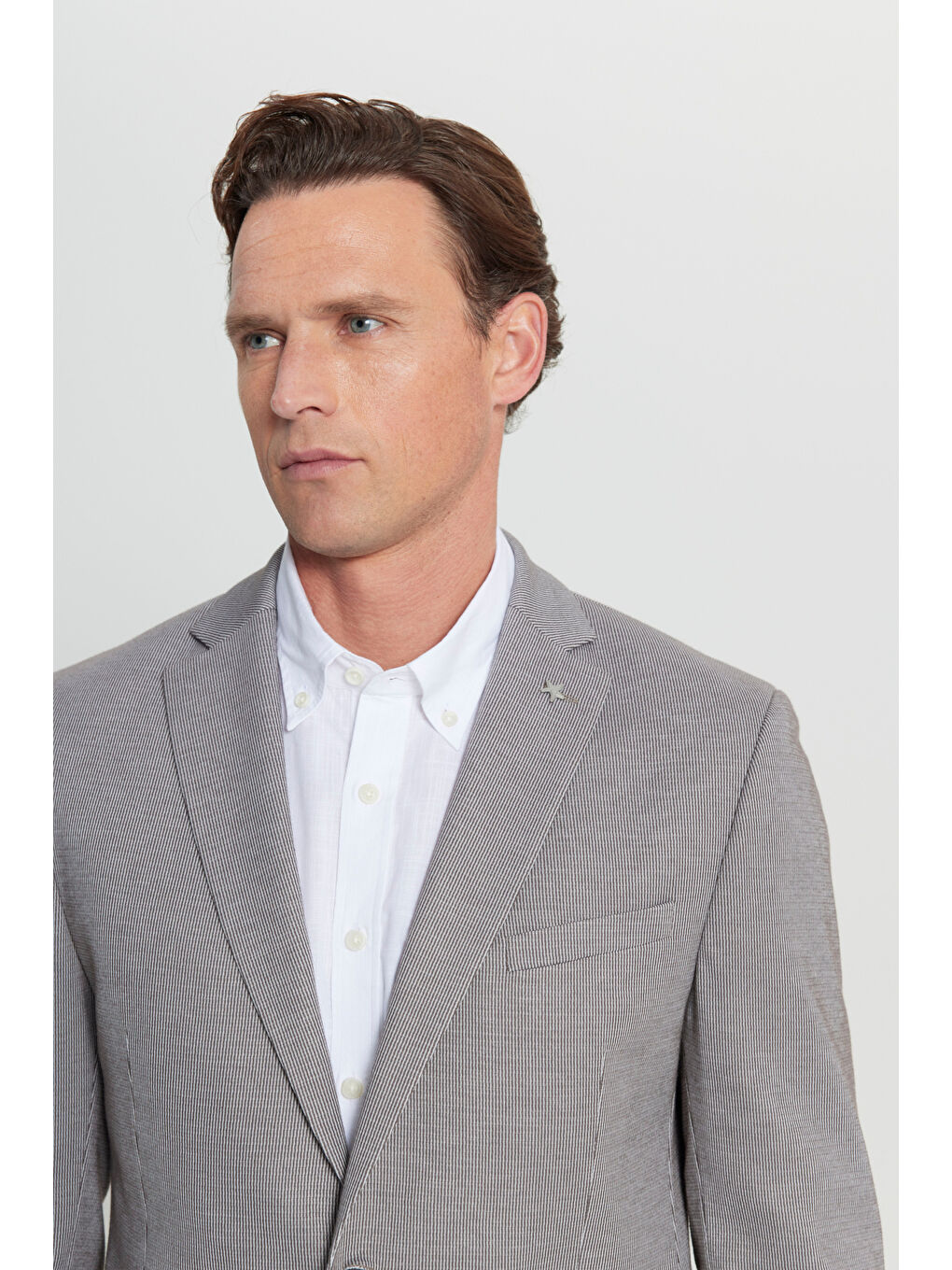 Bej Erkek Vizon 360 Her Yöne Esneyen Slim Fit Dar Kesim Çizgili Kapak Cepli Blazer Ceket-3