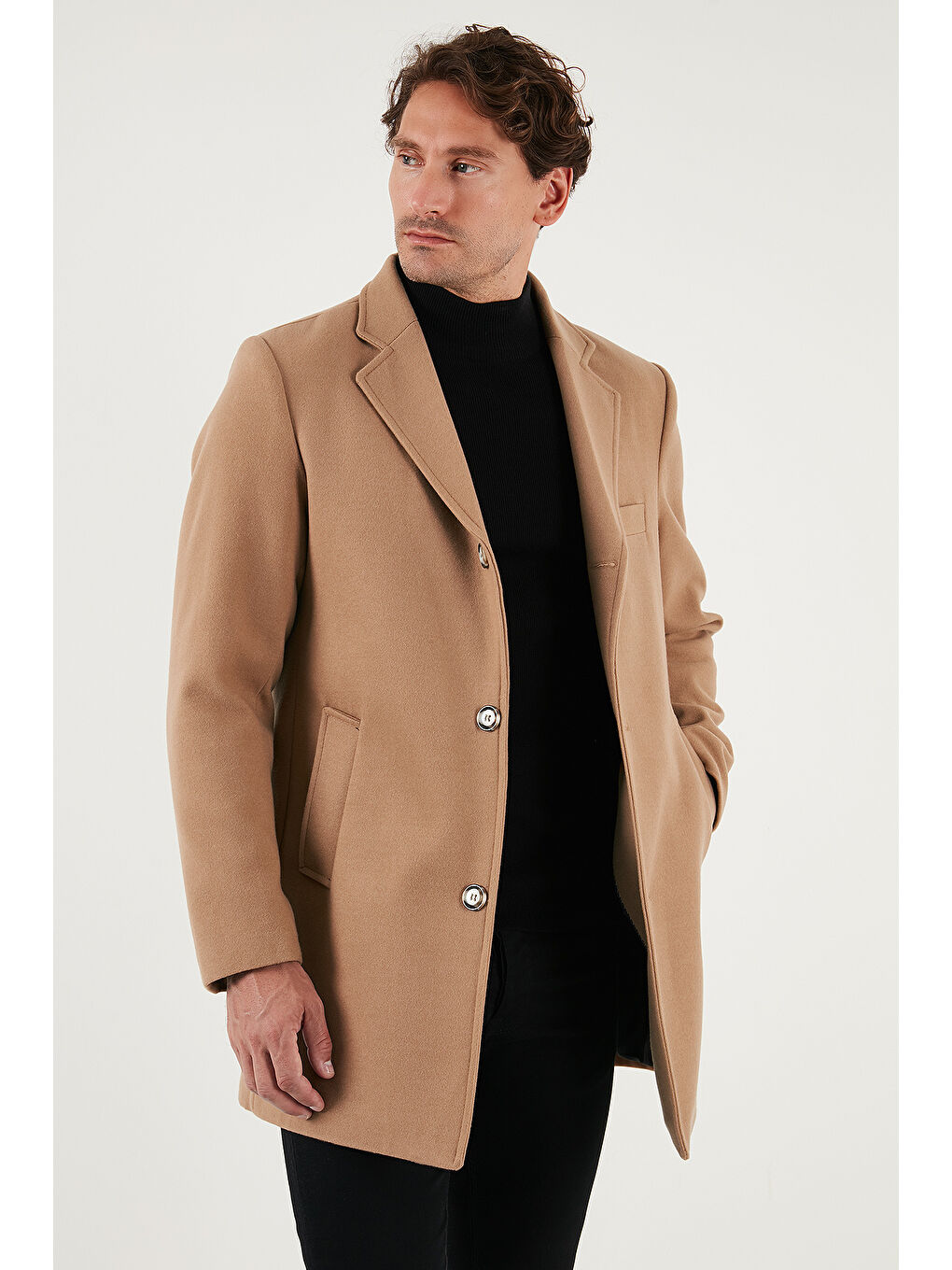 Kahverengi Slim Fit Tek Yırtmaçlı Düğmeli Mono Yaka Kaşe Erkek Kaban 5840098-3