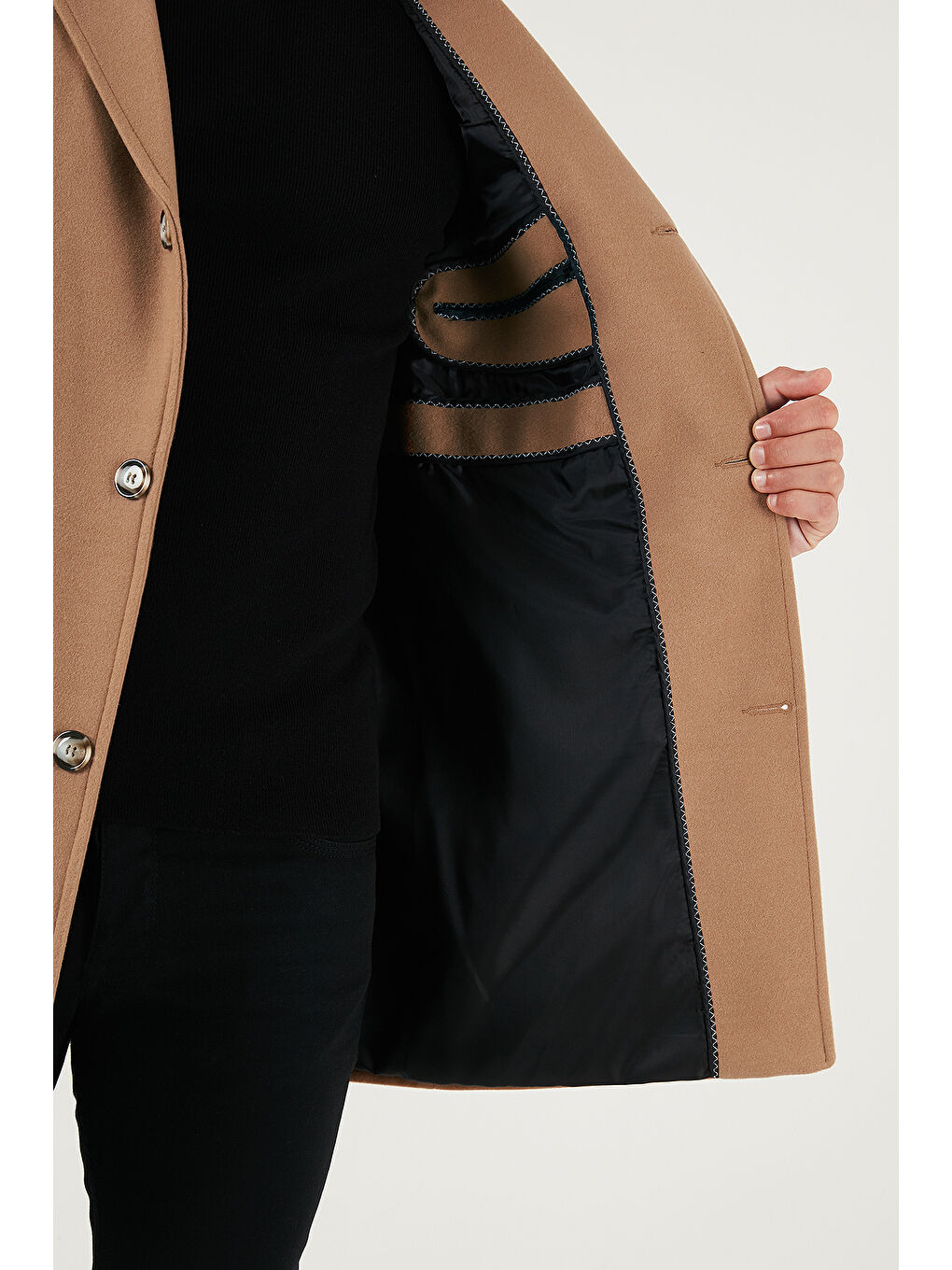 Kahverengi Slim Fit Tek Yırtmaçlı Düğmeli Mono Yaka Kaşe Erkek Kaban 5840098-4