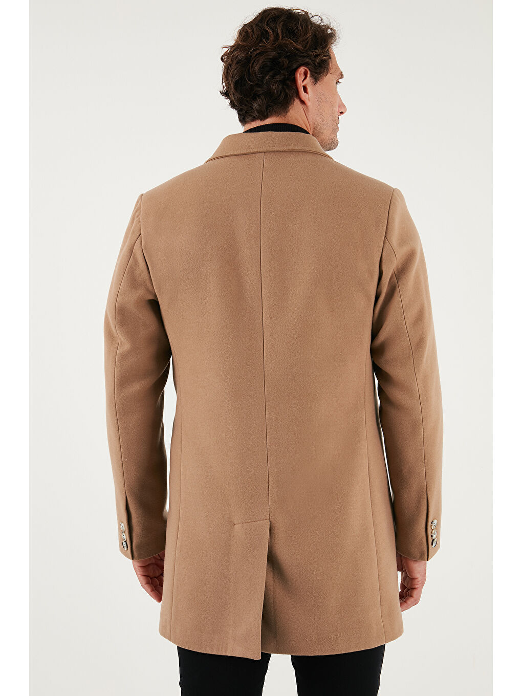 Kahverengi Slim Fit Tek Yırtmaçlı Düğmeli Mono Yaka Kaşe Erkek Kaban 5840098-5