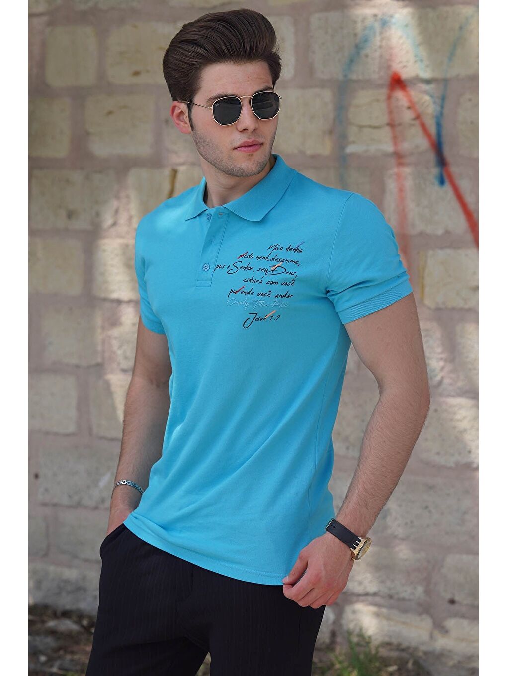 Poloyaka Nakışlı Turkuaz Erkek Tişört 4634