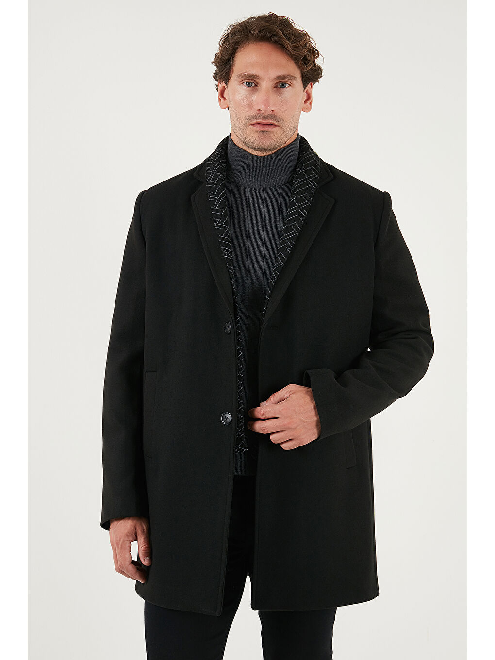 Siyah Yırtmaçlı Slim Fit Mono Yaka Kaşe Kaban 58400589-2