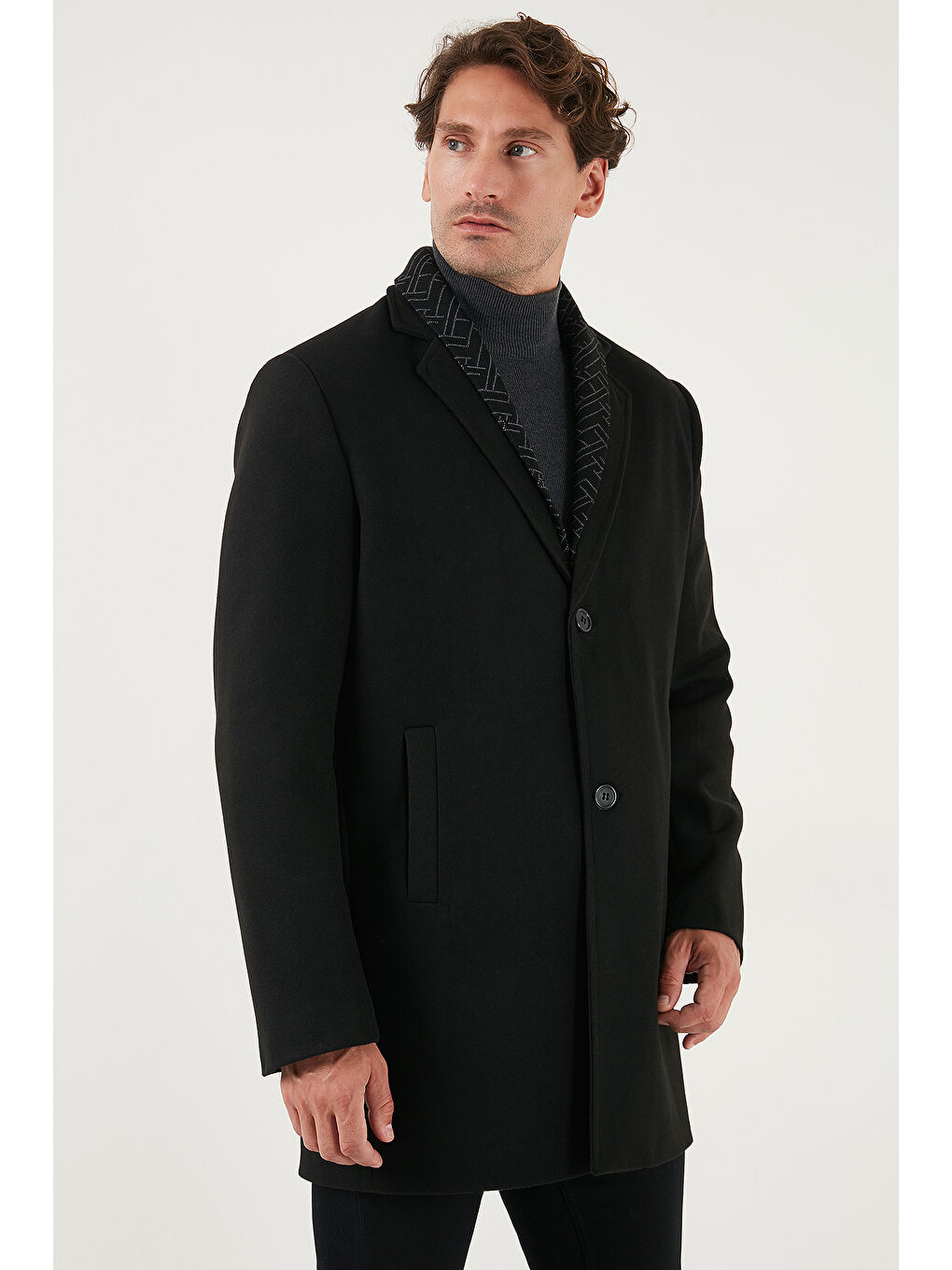 Siyah Yırtmaçlı Slim Fit Mono Yaka Kaşe Kaban 58400589-4