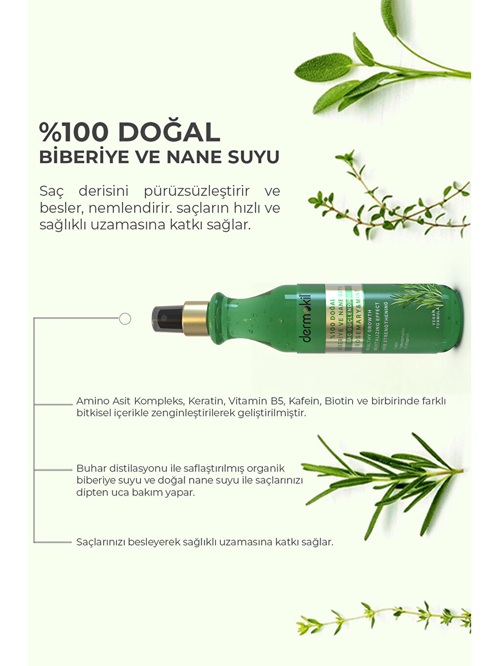 DERMOKİL %100 Doğal Biberiye ve Nane Suyu Saç Bakım Serisi-2