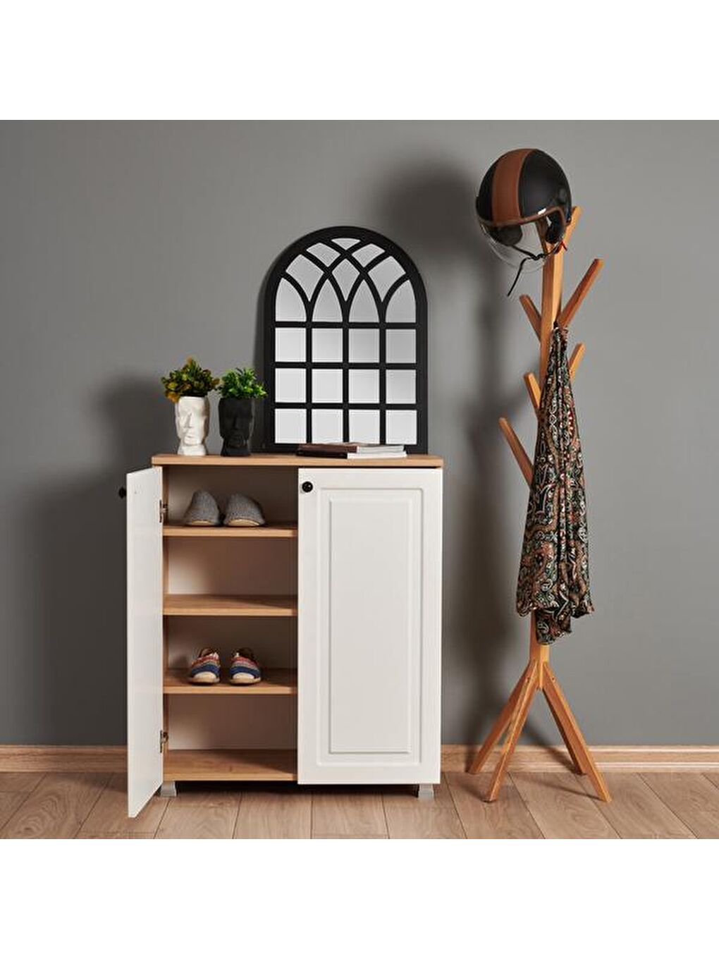 Kahverengi Ares 2 Kapaklı Ayakkabı Dolabı - Safir Meşe / Beyaz-2
