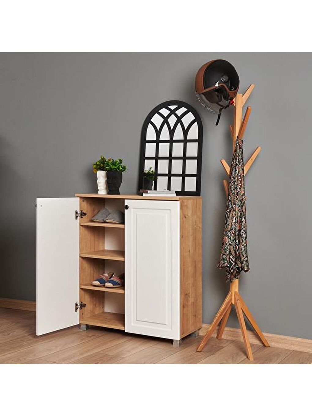 Kahverengi Ares 2 Kapaklı Ayakkabı Dolabı - Safir Meşe / Beyaz-3